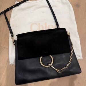 Chloe Black Leather and Suede Shoulder Bag with ring-chain